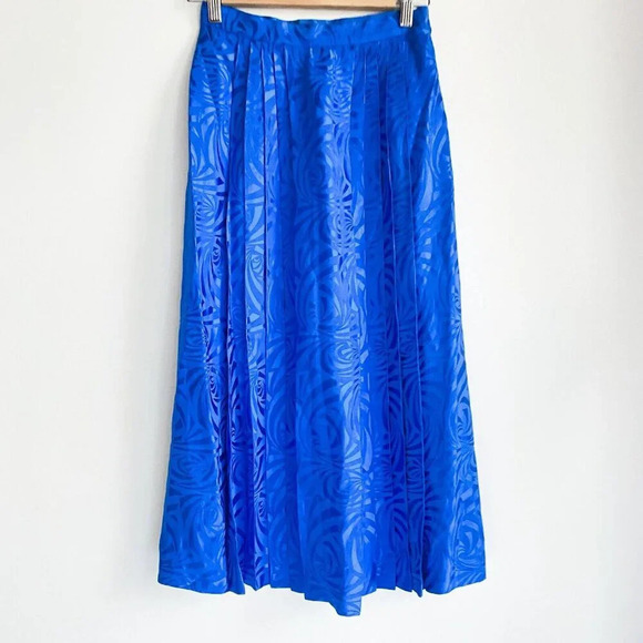Vintage Bright BLue SILK Embossed Pleated Midi Skirt S - Picture 4 of 7